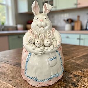 Vintage Fitz & Floyd Mother Rabbit holding babies cookie jar 11.25” Easter Bunny